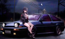 Rule 34 | 1girl, absurdres, akuma nihmune, bare legs, black choker, black footwear, black hair, black jacket, black skirt, breasts, car, choker, cleavage, facial mark, fake horns, fujiwara takumi&#039;s toyota trueno ae86, grin, hands in pockets, heart, high-waist skirt, high heels, highres, horns, indie virtual youtuber, initial d, jacket, kcar66t, large breasts, long hair, long sleeves, looking at viewer, miniskirt, mole, mole on neck, motor vehicle, necktie, night, open clothes, open jacket, outdoors, pleated skirt, red eyes, shirt, shirt tucked in, sitting, sitting on car, skirt, smile, solo, thighs, toyota, toyota sprinter trueno, virtual youtuber, white shirt, wide shot