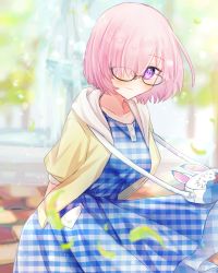 Rule 34 | 1girl, arms behind back, bag, black-framed eyewear, blue dress, blurry, blurry background, closed mouth, collarbone, commentary request, dress, fate/grand order, fate (series), fou (fate), fountain, glasses, hair over one eye, handbag, harukappa, highres, hood, hood down, hooded jacket, jacket, looking at viewer, mash kyrielight, mash kyrielight (senpai killer outfit), official alternate costume, one eye covered, open clothes, open jacket, outdoors, pink hair, plaid, plaid dress, purple eyes, short hair, short sleeves, smile, solo, yellow jacket
