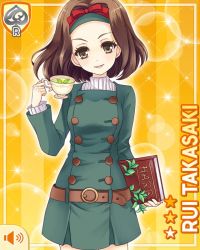 Rule 34 | belt, book, bow, brown eyes, brown hair, buttons, card, character name, cookie, cup, food, girlfriend (kari), green jacket, grey legwear, hair ornament, jacket, leaf, medium hair, official art, open mouth, qp:flapper, red bow, smile, tagme, takasaki rui, tea, yellow background