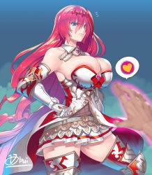 Rule 34 | 1girl, areola slip, breasts, bursting breasts, cleavage, godsworn alexiel, granblue fantasy, hands on own hips, heart, highres, huge breasts, long hair, looking back, obui, pov, red hair, skirt, solo focus, spoken heart, thighs