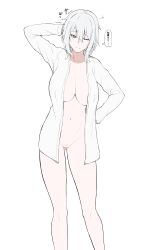 Rule 34 | 1girl, absurdres, aqua eyes, arm behind head, ass, bottomless, breasts, censored, closed mouth, female admiral (kancolle), gluteal fold, hair between eyes, hand on own hip, highres, kantai collection, large breasts, long sleeves, naked shirt, one eye closed, open clothes, open shirt, original, pussy, shirt, short hair, simple background, sleepy, solo, takaman (gaffe), tears, thought bubble, translated