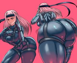 Rule 34 | 1girl, absurdres, ass, bandana, bent over, black bandana, black bodysuit, black gloves, bodysuit, breasts, cigmaier, cosplay, curvy, gloves, harness, highres, hololive, hololive english, huge ass, large breasts, long hair, metal gear (series), metal gear solid, mori calliope, multiple views, pink background, pink hair, red eyes, serious, skin tight, solid snake, solid snake (cosplay), thick thighs, thighs, virtual youtuber, wide hips