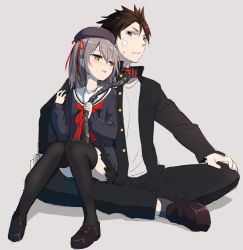 Rule 34 | 1boy, 1girl, bad id, bad twitter id, beret, black skirt, black thighhighs, blush, brown eyes, brown hair, chain, dark skin, femdom, gotyou, grey background, grey hair, hair ribbon, half-closed eyes, hat, indian style, jacket, knees together feet apart, leash, loafers, looking at another, one side up, open clothes, open jacket, original, parted lips, pleated skirt, red ribbon, ribbon, school uniform, shoes, simple background, sitting, sitting on lap, sitting on person, skirt, spiked hair, thighhighs
