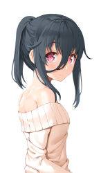 Rule 34 | 1girl, bare shoulders, black hair, blush, breasts, hair between eyes, long hair, long sleeves, looking at viewer, looking back, mouth hold, murata taichi, off-shoulder, off-shoulder sweater, off shoulder, original, ponytail, profile, red eyes, simple background, solo, standing, sweater, sweater vest, upper body, white background