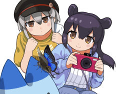 Rule 34 | 2girls, alternate costume, bag, black hair, black headwear, blush stickers, brown eyes, bug, butterfly, camera, casual, commentary request, eyes visible through hair, hair between eyes, hat, highres, holding, holding camera, insect, kemono friends, long hair, long sleeves, lucky beast (kemono friends), malayan tapir (kemono friends), multiple girls, rinx, simple background, smile, southern tamandua (kemono friends), white background, white hair