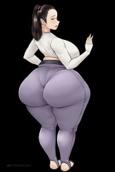 Rule 34 | 1girl, ass, bad id, bad pixiv id, barefoot, black background, blush, breasts, brown hair, eyeshadow, feet, female focus, full body, highres, hip focus, huge ass, huge breasts, looking at viewer, looking back, makeup, open mouth, original, pants, pantylines, plump, ponytail, shirt, simple background, solo, standing, tight clothes, tight pants, toroboro, white shirt, wide hips
