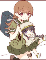 Rule 34 | 10s, 2girls, :d, age difference, anchor symbol, bag, black hair, brown hair, carrying, closed mouth, fud, holding hands, hat, highres, kantai collection, kitakami (kancolle), long hair, multiple girls, ooi (kancolle), open mouth, pleated skirt, school bag, school uniform, serafuku, short sleeves, shorts, skirt, smile, aged down