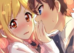 Rule 34 | 1boy, 1girl, absurdres, aikatsu!, aikatsu! (series), blonde hair, blue eyes, blush, brown hair, collared shirt, covering another&#039;s mouth, from side, gradient hair, grey jacket, hand over another&#039;s mouth, hetero, highres, imminent kiss, jacket, long sleeves, multicolored hair, nijino yume, pink hair, profile, red eyes, rejected kiss, sekina, shirt, short hair, simple background, sweat, v-shaped eyebrows, wavy mouth, white background, white shirt, wing collar, yuuki subaru