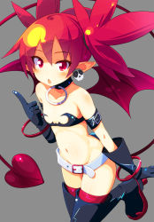 Rule 34 | 1girl, armband, bandeau, belt, boots, bracelet, chestnut mouth, collar, demon tail, demon wings, disgaea, earrings, etna (disgaea), flat chest, gloves, grey background, groin, highres, jewelry, navel, pointy ears, red eyes, red hair, skull, skull earrings, solo, sw (taco), tail, thigh boots, thighhighs, twintails, wings