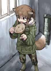 Rule 34 | 1girl, absurdres, animal ears, boots, brown eyes, brown hair, fox ears, fox girl, fox girl (yihan1949), fox tail, frozen, highres, military uniform, original, ponytail, solo, spoon, standing, tail, tongue, tongue out, uniform, window, yihan1949