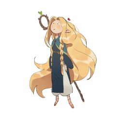 Rule 34 | 1girl, adventure time, ambrosia (dungeon meshi), belt, blonde hair, blue capelet, blue dress, blush, braid, braided sidelock, brown belt, capelet, commentary, dress, dungeon meshi, elf, english commentary, expressionless, feet, female focus, full body, grey pants, hair ribbon, long hair, looking up, marcille donato, no nose, pants, parody, pointy ears, red ribbon, ribbon, sandals, sanqiaori, simple background, solo, staff, standing, style parody, twin braids, very long hair, white background
