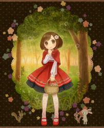 Rule 34 | 1girl, animal, bad id, bad pixiv id, basket, brown eyes, brown hair, rabbit, capelet, dress, flower, flower (symbol), forest, hair flower, hair ornament, inase, little red riding hood, little red riding hood (grimm), mary janes, nature, pantyhose, shoes, solo, squirrel, tree, wolf