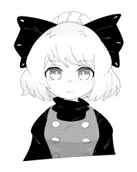 Rule 34 | 1girl, bow, chibeany, closed mouth, commentary request, greyscale, hair bow, highres, kurodani yamame, looking at viewer, monochrome, short hair, simple background, solo, touhou, upper body