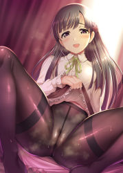 Rule 34 | bow, bowtie, cameltoe, cleft of venus, clothes lift, curtains, dress, flashing, flower, frilled skirt, frills, hair flower, hair ornament, highres, idolmaster, idolmaster cinderella girls, idolmaster cinderella girls starlight stage, indoors, kobayakawa sae, long hair, ment, open mouth, panties, panties under pantyhose, pantyhose, skirt, skirt lift, solo, steaming body, sunlight, sweat, underwear, white dress