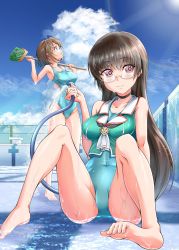 Rule 34 | 2girls, absurdres, aqua one-piece swimsuit, ascot, barefoot, beret, black hair, blue eyes, blue sky, brown hair, choukai (kancolle), cleaning brush, cloud, commentary request, competition swimsuit, day, empty pool, full body, glasses, hat, highres, hose, kantai collection, long hair, looking at viewer, maya (kancolle), multiple girls, one-piece swimsuit, oohashi yanta, outdoors, pool, purple eyes, rimless eyewear, short hair, sky, solo focus, swimsuit, water, white ascot