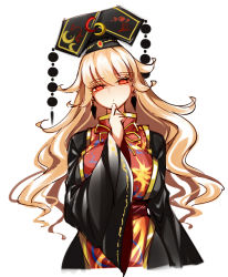 Rule 34 | 1girl, belt, black dress, black hat, blonde hair, bow, bowtie, breasts, brown belt, chinese clothes, closed mouth, crescent, dress, earrings, hair between eyes, hand up, hat, jewelry, junko (touhou), large breasts, long hair, long sleeves, looking at viewer, mature female, pom pom (clothes), raptor7, red eyes, red vest, simple background, solo, tabard, touhou, vest, white background, wide sleeves, yellow bow, yellow bowtie