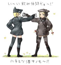 Rule 34 | 2girls, animal hat, black gloves, blonde hair, blue eyes, blue thighhighs, blush, bow, brown gloves, brown legwear, cup, flower, gloves, goggles, goggles around neck, grass, hair bow, hand on own hip, hat, long hair, long sleeves, looking at another, mars expedition, military, military uniform, multiple girls, short hair, simple background, smile, thighhighs, translation request, uniform, very long hair, white background, y (khakiyawn), zettai ryouiki