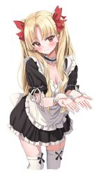 1girl apron bad_id bad_pixiv_id blonde_hair blush breasts chirang choker cleavage cropped_legs ereshkigal_(fate) fate/grand_order fate_(series) frilled_choker frills furrowed_brow garter_straps hair_ribbon head_tilt long_hair looking_to_the_side maid maid_apron open_hands red_eyes red_ribbon ribbon simple_background solo thighhighs two_side_up very_long_hair white_background white_thighhighs zettai_ryouiki