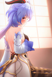 Rule 34 | 1girl, absurdres, blue hair, blush, bodysuit, breasts, covering privates, covering breasts, from side, ganyu (genshin impact), genshin impact, highres, horns, leg up, looking back, medium breasts, sideboob, smile, solo, tanatonkub, thighhighs, twitter username