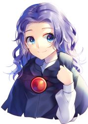 Rule 34 | 1girl, blue capelet, blue eyes, blue hair, capelet, closed mouth, hair intakes, highres, hood, hooded capelet, kaede (mmkeyy), kumoi ichirin, long hair, long sleeves, nun, simple background, smile, solo, touhou, upper body, white background