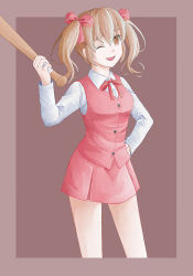 Rule 34 | 1girl, :d, baseball bat, border, brown eyes, brown hair, collared shirt, featherwings24, hair between eyes, hair ribbon, hand on own hip, holding, holding baseball bat, misao, misao (misao), neck ribbon, open mouth, outside border, pleated skirt, red background, red ribbon, red skirt, red vest, ribbon, school uniform, shirt, skirt, smile, solo, twintails, vest, white shirt, wing collar