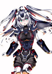 Rule 34 | bodysuit, breasts, clenched hands, cowlick, full armor gundam, green eyes, gundam, gundam thunderbolt, highres, i.takashi, looking to the side, mecha musume, medium breasts, open mouth, personification, silver hair, skin tight, solo, white background