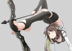 Rule 34 | 1girl, animal ears, arknights, arrow (projectile), bare shoulders, black legwear, black shorts, blouse, blush, bow (weapon), brown hair, closed mouth, collar, collarbone, colored inner hair, detached sleeves, drawing bow, artistic error, feet, flexible, flower, folinic (arknights), folinic (lasting arrowroot) (arknights), foot focus, green hair, grey background, grey shirt, hair flower, hair ornament, hairclip, handstand, highres, holding, holding bow (weapon), holding weapon, holding with feet, infection monitor (arknights), legs, liang chan xing make tu, multicolored hair, no shoes, official alternate costume, prehensile feet, raised eyebrow, see-through, see-through sleeves, shirt, shorts, simple background, sleeveless, sleeveless shirt, solo, stirrup legwear, toeless legwear, toenails, toes, two-tone hair, two-tone shirt, weapon, white flower, white shirt, white sleeves, wrong foot, yellow eyes
