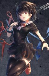 Rule 34 | 1girl, :d, ahoge, asymmetrical wings, black dress, black hair, black thighhighs, blue wings, blush, bow, bowtie, breasts, center frills, dress, foot out of frame, footwear bow, frills, grey background, hair between eyes, highres, holding, holding weapon, houjuu nue, kisamu (ksmz), looking at viewer, open mouth, polearm, red bow, red bowtie, red eyes, red wings, short dress, short hair, short sleeves, simple background, small breasts, smile, snake, solo, standing, standing on one leg, thighhighs, touhou, trident, weapon, wings, wristband, zettai ryouiki
