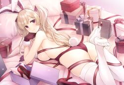 Rule 34 | animal ears, ass, blonde hair, bow, box, breasts, christmas, e (eokiba), fake animal ears, fur-trimmed gloves, fur trim, gift, gift box, gloves, hair bow, hairband, hand on own chin, high heels, large breasts, legs up, leotard, looking at viewer, looking back, lying, no shoes, on stomach, original, playboy bunny, rabbit ears, rabbit tail, red bow, red eyes, red footwear, red gloves, red hairband, red leotard, sideboob, tail, thighhighs, two side up, white thighhighs