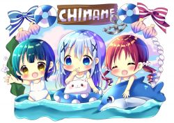 Rule 34 | 3girls, :d, ^ ^, anchor, angora rabbit, bare arms, bare shoulders, blue bow, blue eyes, blue hair, blue sky, blush, bow, chibi, chimame-tai, chocolat (momoiro piano), closed eyes, cloud, cloudy sky, collarbone, commentary request, day, fang, gochuumon wa usagi desu ka?, green hair, hair between eyes, hair ornament, hair scrunchie, inflatable dolphin, inflatable toy, innertube, jouga maya, kafuu chino, lifebuoy, long hair, multiple girls, natsu megumi, one-piece swimsuit, open mouth, parted lips, rabbit, red bow, red hair, ringlets, school swimsuit, scrunchie, seashell, shell, sky, smile, striped, striped bow, swim ring, swimsuit, tippy (gochiusa), twintails, very long hair, water, white one-piece swimsuit, white school swimsuit, white scrunchie, x hair ornament, yellow eyes