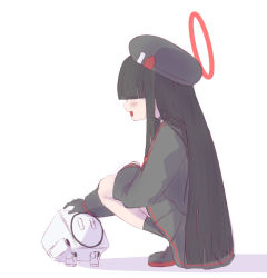 Rule 34 | 1girl, beret, black footwear, black gloves, black hair, black legwear, black skirt, blue archive, blunt bangs, covered eyes, gloves, gun, halo, hat, hime cut, justice task force member (blue archive), kanaeco25, light blush, long hair, neckerchief, open mouth, petting, red neckerchief, red stripes, rifle, sailor collar, school uniform, simple background, skirt, smile, solo, squatting, weapon, white background