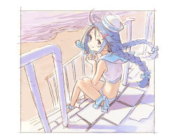 Rule 34 | 1girl, ahoge, ankle ribbon, backlighting, bikini, blue bow, blue eyes, blue footwear, blue hair, blue ribbon, blue sailor collar, border, bow, braid, closed mouth, dixie cup hat, framed, from side, hair bow, hair ornament, hairclip, hands up, hat, hip bones, holding, holding water gun, idolmaster, idolmaster cinderella girls, leg ribbon, long hair, looking at viewer, looking back, low twintails, matsuo yuusuke, military hat, miyoshi sana, ocean, outdoors, outside border, ribbon, sailor collar, sailor swimsuit (idolmaster), sand, sandals, side-tie bikini bottom, sitting, smile, solo, stairs, stone floor, swimsuit, tareme, toy, twin braids, twintails, very long hair, water, water gun, white border, wind