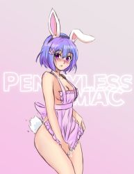 Rule 34 | 1girl, :x, animal ears, apron, apron tug, artist name, ass, blush, breasts, cleavage, cowboy shot, fake animal ears, gradient background, hair ornament, hairband, looking at viewer, naked apron, original, pennylessmac, pink background, pink eyes, purple background, purple hair, rabbit ears, rabbit hair ornament, rabbit tail, short hair, sideboob, solo, tail, thighs