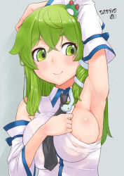 Rule 34 | 1girl, areola slip, arm up, armpits, black necktie, blush, breasts, closed mouth, collared shirt, commentary request, covered erect nipples, crossed bangs, dated, detached sleeves, frog hair ornament, green eyes, green hair, grey background, hair between eyes, hair ornament, kei jiei, kochiya sanae, large breasts, long hair, looking afar, looking to the side, necktie, presenting armpit, shirt, sideboob, sidelocks, single hair tube, sleeveless, sleeveless shirt, smile, snake hair ornament, solo, touhou, upper body, white shirt, white sleeves