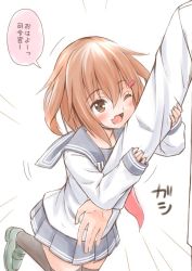 Rule 34 | 10s, 1boy, 1girl, ;d, admiral (kancolle), arm hug, blush, brown eyes, brown hair, commentary request, fang, fujishima shinnosuke, hair ornament, hairclip, ikazuchi (kancolle), kantai collection, one eye closed, open mouth, school uniform, serafuku, short hair, skirt, sleeves past wrists, smile, thighhighs, translation request
