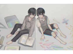 Rule 34 | 2boys, aged down, black eyes, black hair, black pants, black socks, book, closed eyes, closed mouth, collared shirt, commentary, dual persona, glass shards, grey sweater vest, limbus company, looking to the side, mirror, multiple boys, pants, pencil case, project moon, ruler, sang yi (project moon), satome setsuko, shirt, short sleeves, smile, socks, split image, sweater vest, toy airplane, white shirt, white socks, yi sang (project moon)