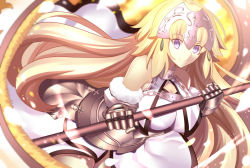 Rule 34 | 1girl, armor, bare shoulders, blonde hair, blue eyes, breasts, chain, choker, fate/apocrypha, fate/grand order, fate (series), fur trim, gauntlets, gorget, highres, jeanne d&#039;arc (fate), jeanne d&#039;arc (ruler) (fate), jeanne d&#039;arc (third ascension) (fate), large breasts, long hair, looking at viewer, paperfinger, ruler (fate/grand order), solo, standard bearer