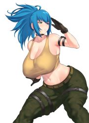 Rule 34 | 1girl, armpits, aster crowley, belt, blue eyes, blue hair, breasts, choker, curvy, earrings, gloves, green pants, jewelry, large breasts, leona heidern, navel, pants, ponytail, simple background, solo, tank top, the king of fighters, the king of fighters xv, thighs, triangle earrings, white background, yellow tank top