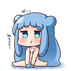 Rule 34 | 1girl, :&lt;, barefoot, blue eyes, blue hair, blush, chibi, collarbone, commentary request, convenient censoring, double bun, full body, hair bun, half slime-chan, hana kazari, long hair, looking at viewer, monster girl, navel, nude, original, parted lips, side bun, sidelocks, sitting, slime girl, solo, spread legs, translation request, triangle mouth, very long hair, white background