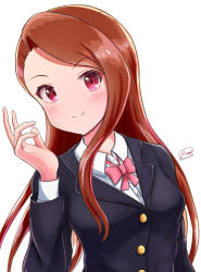 Rule 34 | 1girl, black jacket, brown hair, closed mouth, collared shirt, dress shirt, floating hair, highres, idolmaster, idolmaster (classic), jacket, long hair, long sleeves, looking at viewer, minase iori, pink neckwear, red eyes, runmo77, school uniform, shirt, simple background, solo, swept bangs, upper body, very long hair, white background, white shirt, wing collar