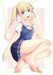 Rule 34 | 1girl, abstract background, artist request, bad anatomy, barefoot, blonde hair, blue eyes, blue ribbon, blue skirt, blunt bangs, feet, hair ribbon, highres, long twintails, looking at viewer, no shoes, panties, pantyshot, pleated skirt, puffy short sleeves, puffy sleeves, ribbon, saenai heroine no sodatekata, sawamura spencer eriri, short sleeves, skirt, soles, solo, toes, twintails, underwear, white panties