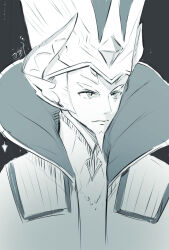 Rule 34 | 1boy, amalthus (xenoblade), beard, closed mouth, facial hair, grey background, greyscale, hat, highres, male focus, monochrome, mystical high collar, open clothes, open robe, robe, simple background, solo, thick eyebrows, upper body, uyumizyunco, v-shaped eyebrows, xenoblade chronicles (series), xenoblade chronicles 2
