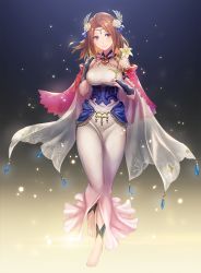 Rule 34 | 1girl, anbe yoshirou, bare shoulders, barefoot, breasts, bridal gauntlets, brown eyes, brown hair, cape, circlet, closed mouth, commentary request, dress, flower, full body, gradient background, hair ornament, halterneck, hand on own chest, hand up, highres, holding, light particles, lips, long dress, long hair, medium breasts, original, simple background, solo, standing, toenails, toes