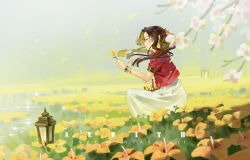 Rule 34 | 1girl, aerith gainsborough, bow, bracelet, brown hair, character name, copyright name, cropped jacket, dress, field, final fantasy, final fantasy vii, flower, flower basket, flower field, hair bow, jacket, jewelry, lantern, petals, red jacket, smile, solo, squatting, yusheng