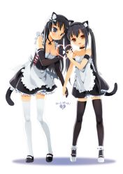 Rule 34 | 00s, 2girls, akiyama mio, alternate costume, animal ears, bare shoulders, black hair, black thighhighs, blue eyes, blush, breasts, brown eyes, cat ears, cat tail, choker, cleavage, elbow gloves, enmaided, fang, gloves, hair ribbon, heart, heart hands, heart hands duo, highres, holding hands, k-on!, large breasts, legs, lingerie, long hair, maid, mao yu, mary janes, moe moe kyun!, multiple girls, nakano azusa, petticoat, ribbon, shoes, tail, thighhighs, twintails, underwear, white thighhighs, zettai ryouiki