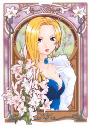 Rule 34 | 00s, 1girl, absurdres, art nouveau, blonde hair, blue eyes, breasts, cleavage, dress, easter lily, elbow gloves, feather boa, flower, gloves, glycine bleumer, highres, jewelry, lily (flower), long hair, mucha-esque, necklace, sakura taisen, sakura taisen iii, scan, solo, white flower