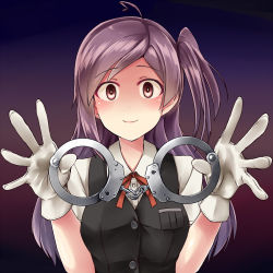 Rule 34 | 10s, 1girl, ahoge, blouse, breasts, buttons, cuffs, dark background, gloves, hagikaze (kancolle), handcuffs, highres, kamelie, kantai collection, large breasts, long hair, looking at viewer, neck ribbon, purple hair, ribbon, school uniform, shirt, short sleeves, side ponytail, smile, solo, vest, white gloves, white shirt, yandere