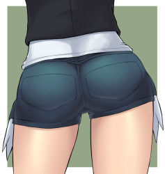 Rule 34 | 1girl, ass, ass focus, black jacket, blue shorts, commentary request, creatures (company), exposed pocket, from behind, game freak, green background, highres, hilda (pokemon), jacket, m.m, nintendo, pokemon, pokemon bw, shirt, short shorts, shorts, solo, two-tone background, white background, white shirt