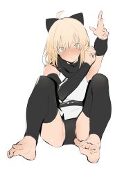 Rule 34 | 1girl, absurdres, ahoge, armpits, black bow, black panties, black scarf, black thighhighs, blonde hair, blush, bow, breasts, closed mouth, detached sleeves, fate/grand order, fate (series), feet, highres, japanese clothes, jikatarou, kimono, knees up, koha-ace, legs, looking at viewer, medium breasts, okita souji (fate), okita souji (koha-ace), outstretched arm, panties, sash, scarf, short hair, short kimono, simple background, sitting, sleeveless, sleeveless kimono, solo, thighhighs, toes, underwear, white background, white kimono, yellow eyes