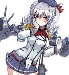 Rule 34 | 10s, 1girl, beret, blush, breasts, double-breasted, epaulettes, female focus, fuji fujino, gloves, hand on own cheek, hand on own face, hat, kantai collection, kashima (kancolle), large breasts, long hair, military, military uniform, miniskirt, pleated skirt, purple eyes, silver hair, simple background, skirt, solo, turret, twintails, uniform, white background, white gloves